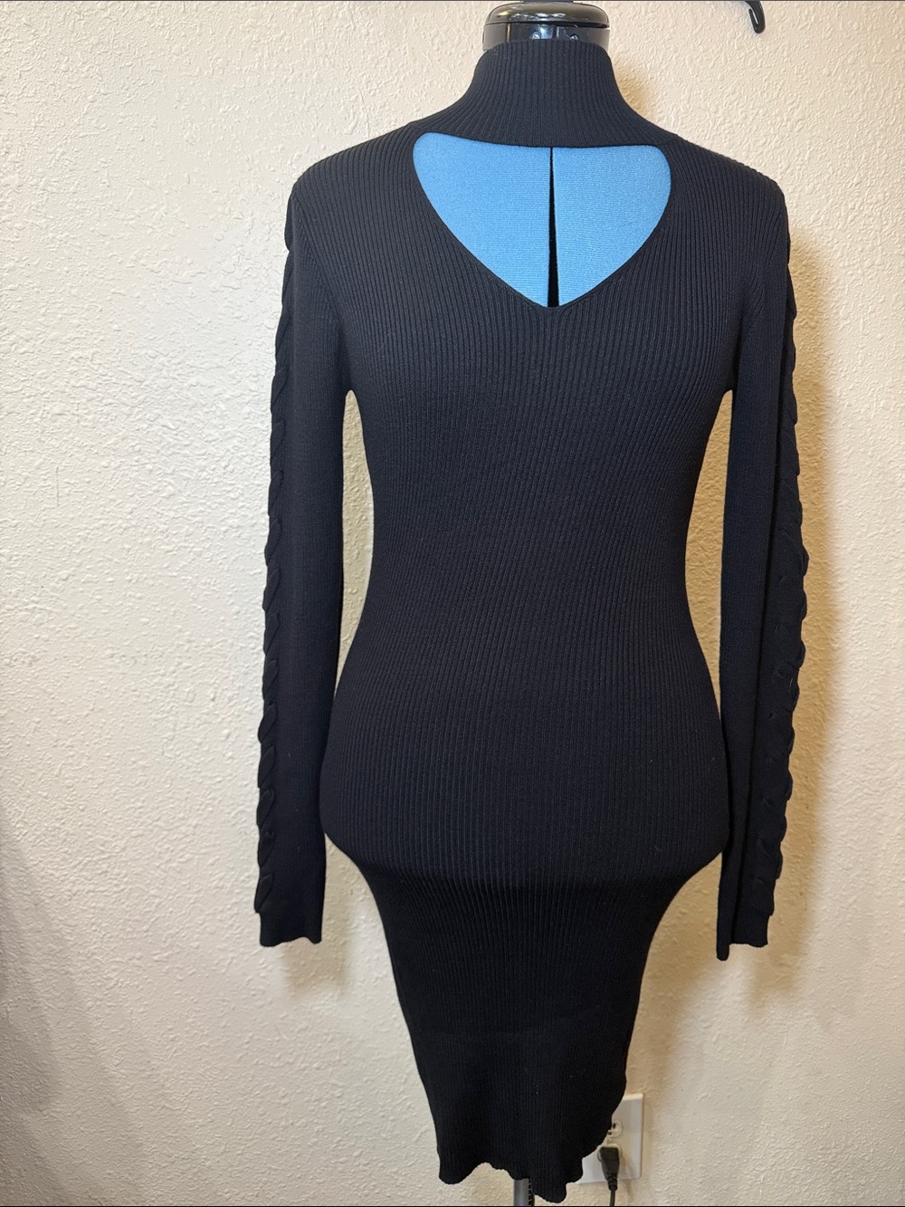 Hippie Rose Black Ribbed Mock Neck Sweater Dress with Back Heart Cutout